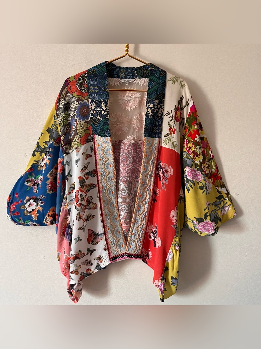 Vincente  Mixed Media Patchwork Lace Floral Kimono Wrap Sz Large Festival Boho